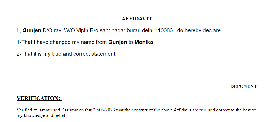 Affidavit for Women Name Change in Hindupur