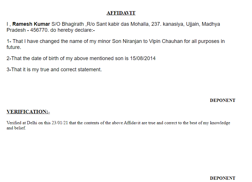 Affidavit for Minor Name Change in Hindupur