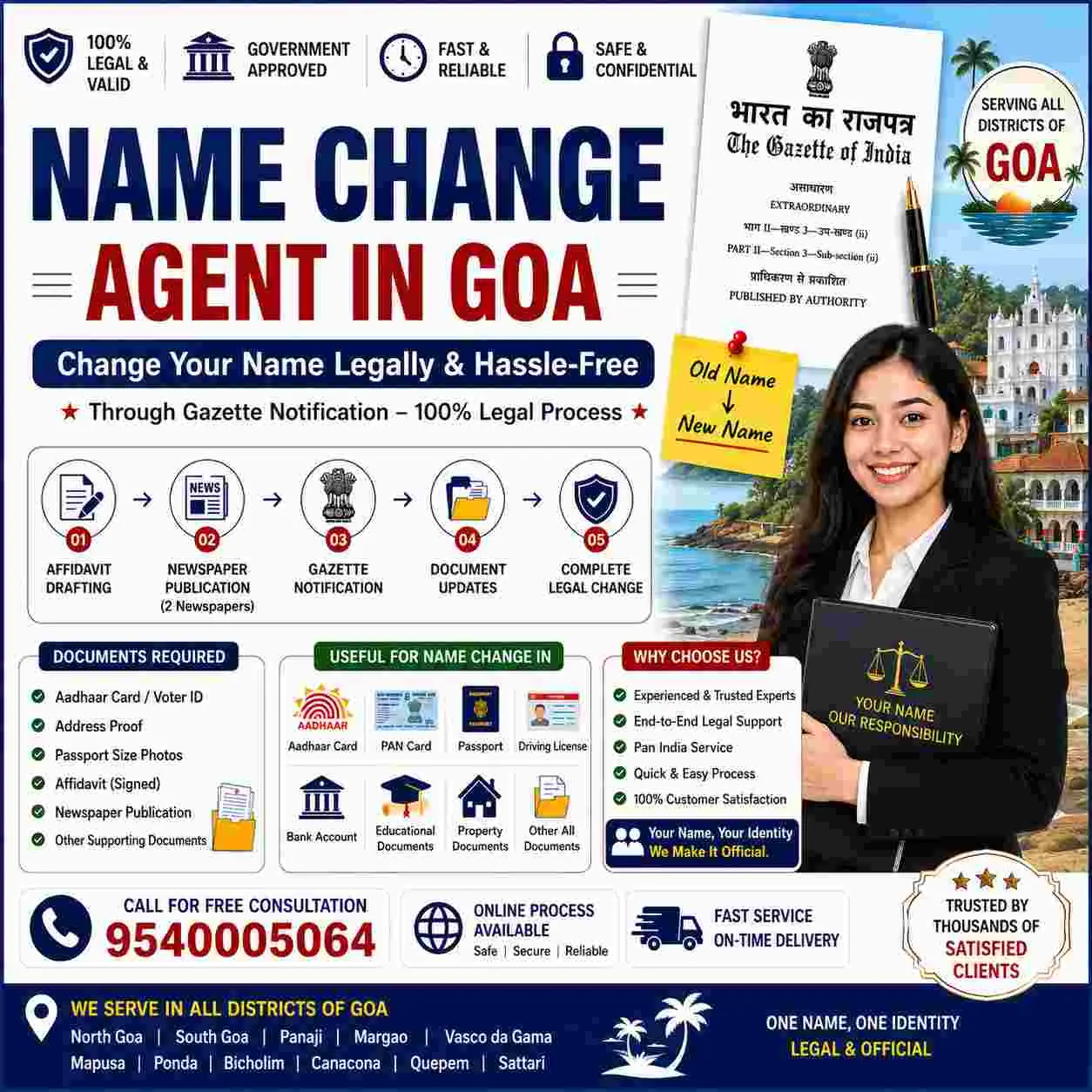 Name change agent in Goa explaining the Form A route for Goa-born applicants and the Central Gazette for those born outside
