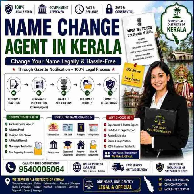 Name change agent in Kerala comparing the Kerala State Gazette route and the Central Gazette route