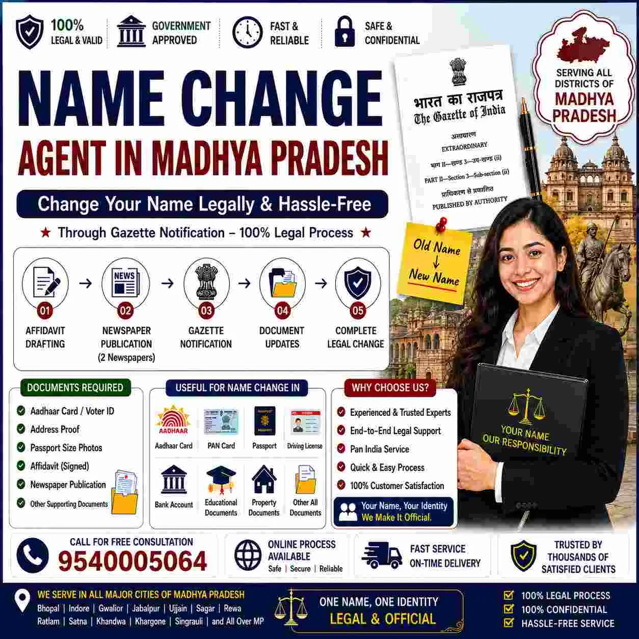 Name change agent in Madhya Pradesh explaining the Central Gazette route and the MP Rajpatra at Bhopal