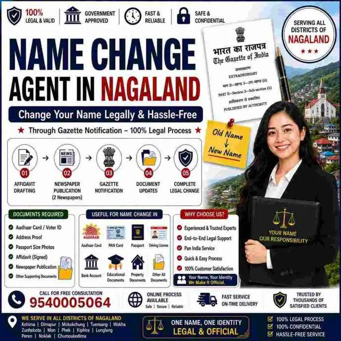 Name change agent in Nagaland explaining the Central Gazette route, diacritic rendering and tribe-surname chain