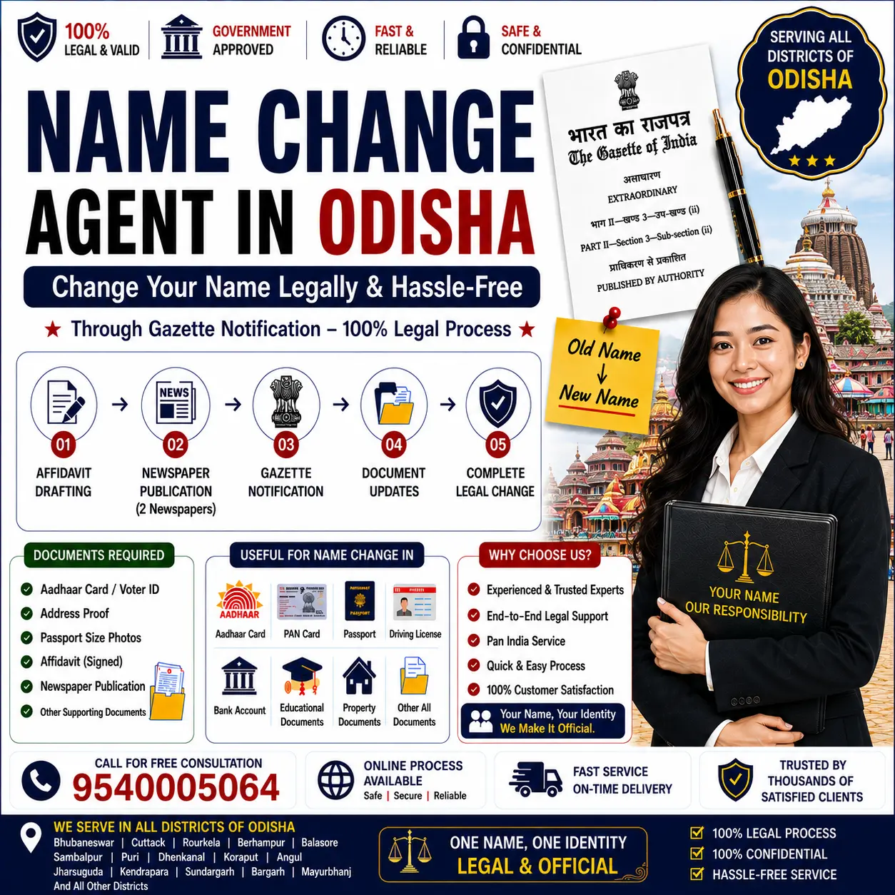 Name change agent in Odisha explaining gazette triage, the e-Gazette portal and the Central Gazette