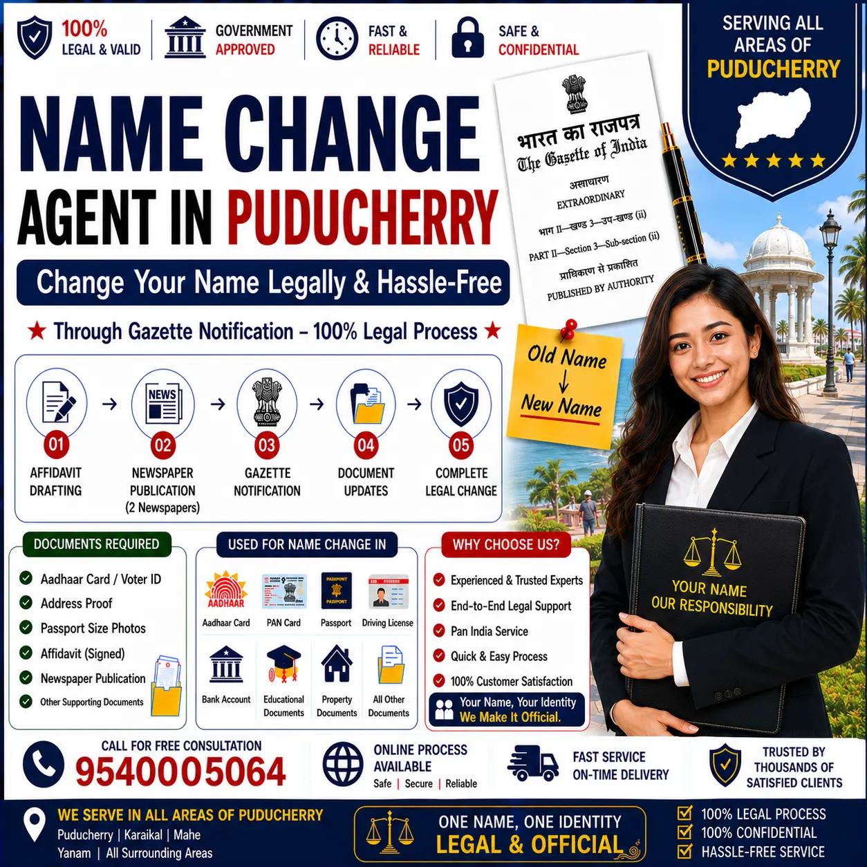 Name change agent in Puducherry filing the Central Gazette for a name spanning four regions