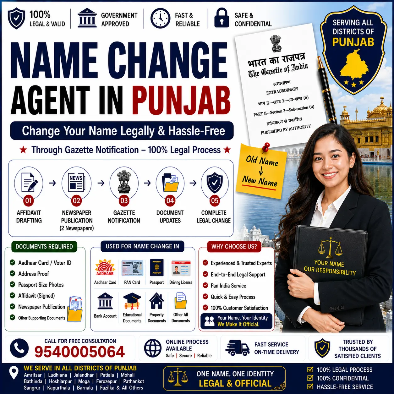 Name change agent in Punjab comparing the Punjab Government Gazette and the Central Gazette route for abroad cases