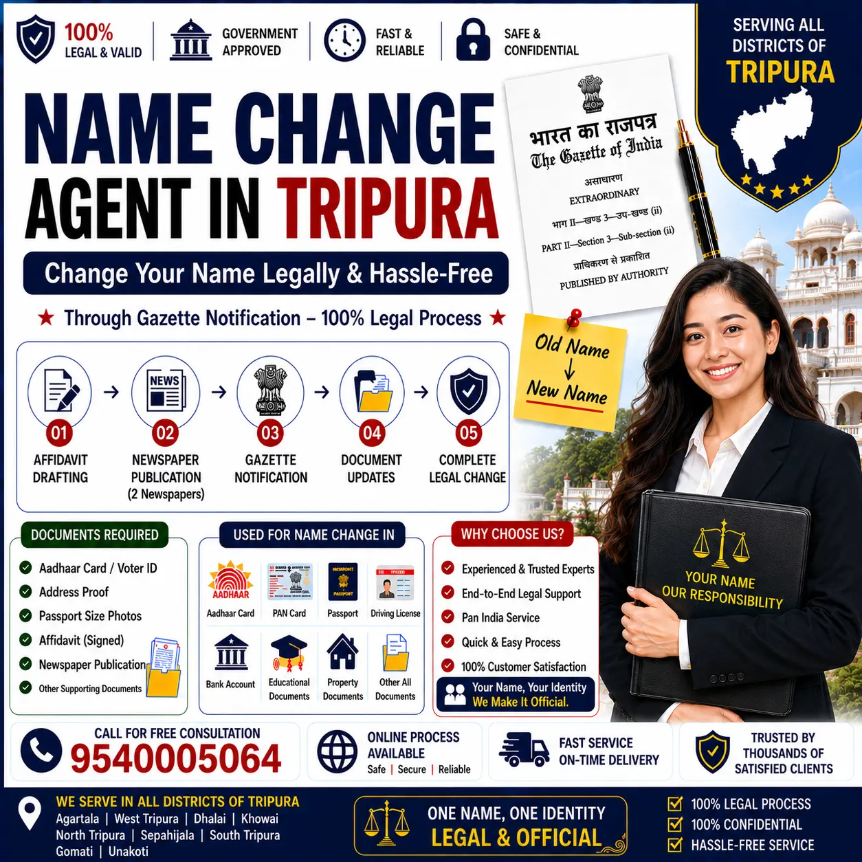 Name change agent in Tripura explaining the Central Gazette route and the real fees