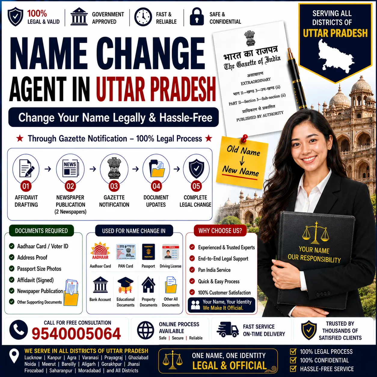 Name change agent in Uttar Pradesh explaining the Central Gazette route and correcting the North Lucknow myth